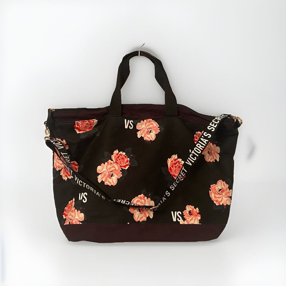 Victoria's Secret Black Pink Floral Rose Canvas Weekender Tote Bag VS Logo